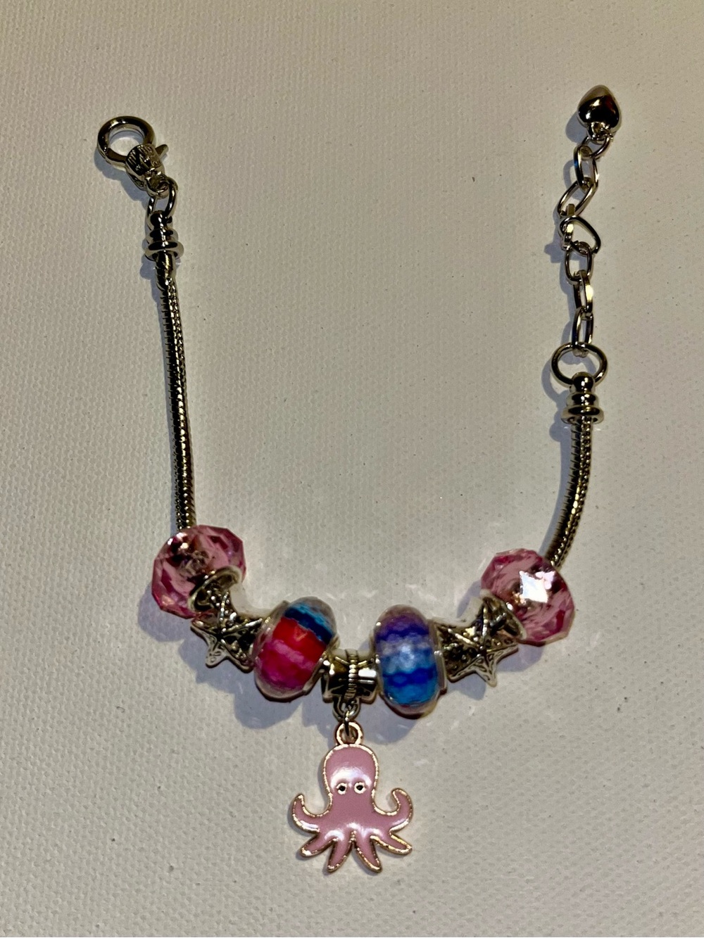 Silver Snake Chain Pink Octopus & Starfish Charm Bracelet w/Multi-Color Accents